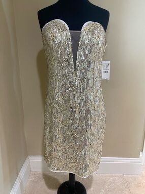 NWT Gold Sequin Strapless Sequin Dress, sz 10